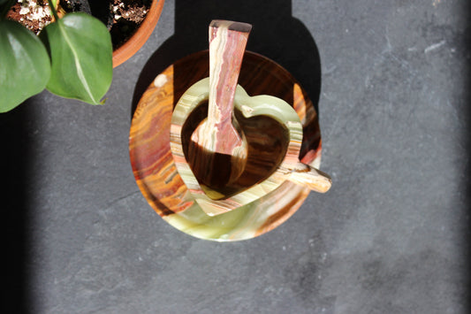 Green Onyx Heart Shapes Cup, Saucer, and Spoon Set | Heart Mug Set | Crystal Cup Set | Onyx Tea Set | Crystal Coffee Cup | Marble Tea Set | Tons of Soul