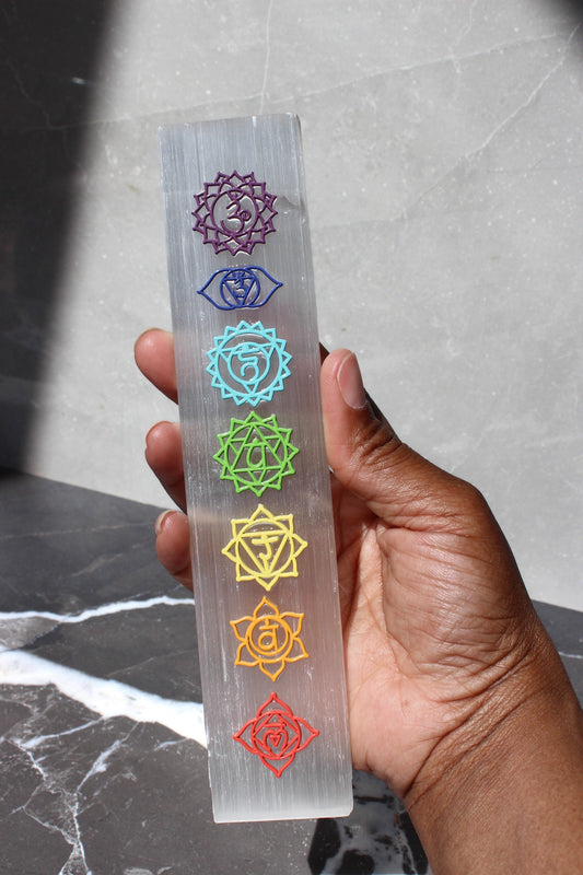 7 Chakra Satin Spar Charging Plate | 8 inch Selenite Wand with Embossed Chakra Symbols | Satin Spar Log | Tons of Soul