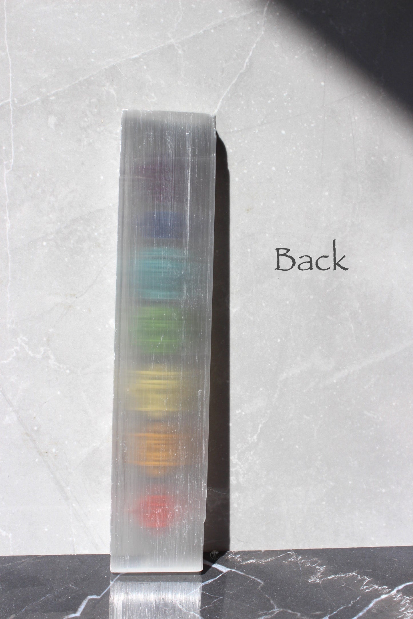 7 Chakra Satin Spar Charging Plate | 8 inch Selenite Wand with Embossed Chakra Symbols | Satin Spar Log | Tons of Soul