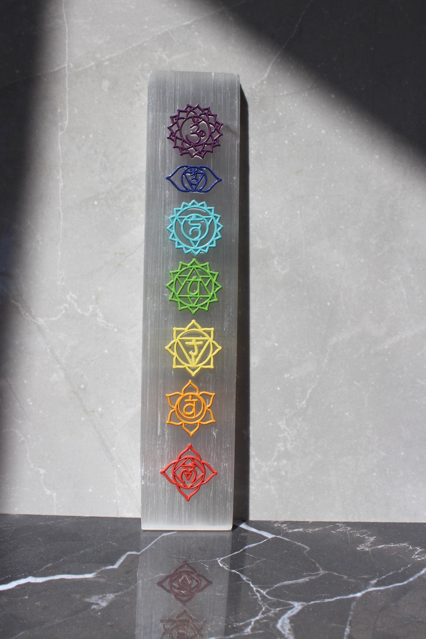 7 Chakra Satin Spar Charging Plate | 8 inch Selenite Wand with Embossed Chakra Symbols | Satin Spar Log | Tons of Soul