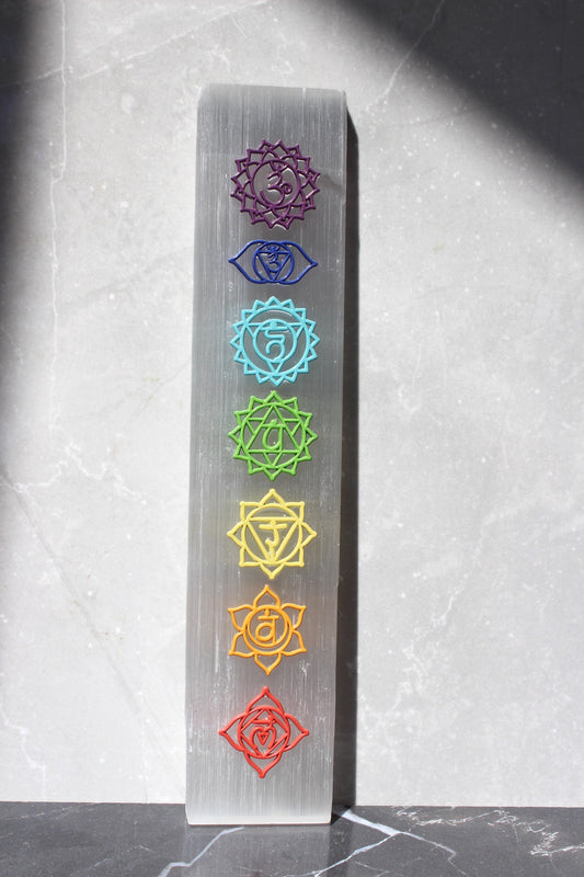 7 Chakra Satin Spar Charging Plate | 8 inch Selenite Wand with Embossed Chakra Symbols | Satin Spar Log | Tons of Soul