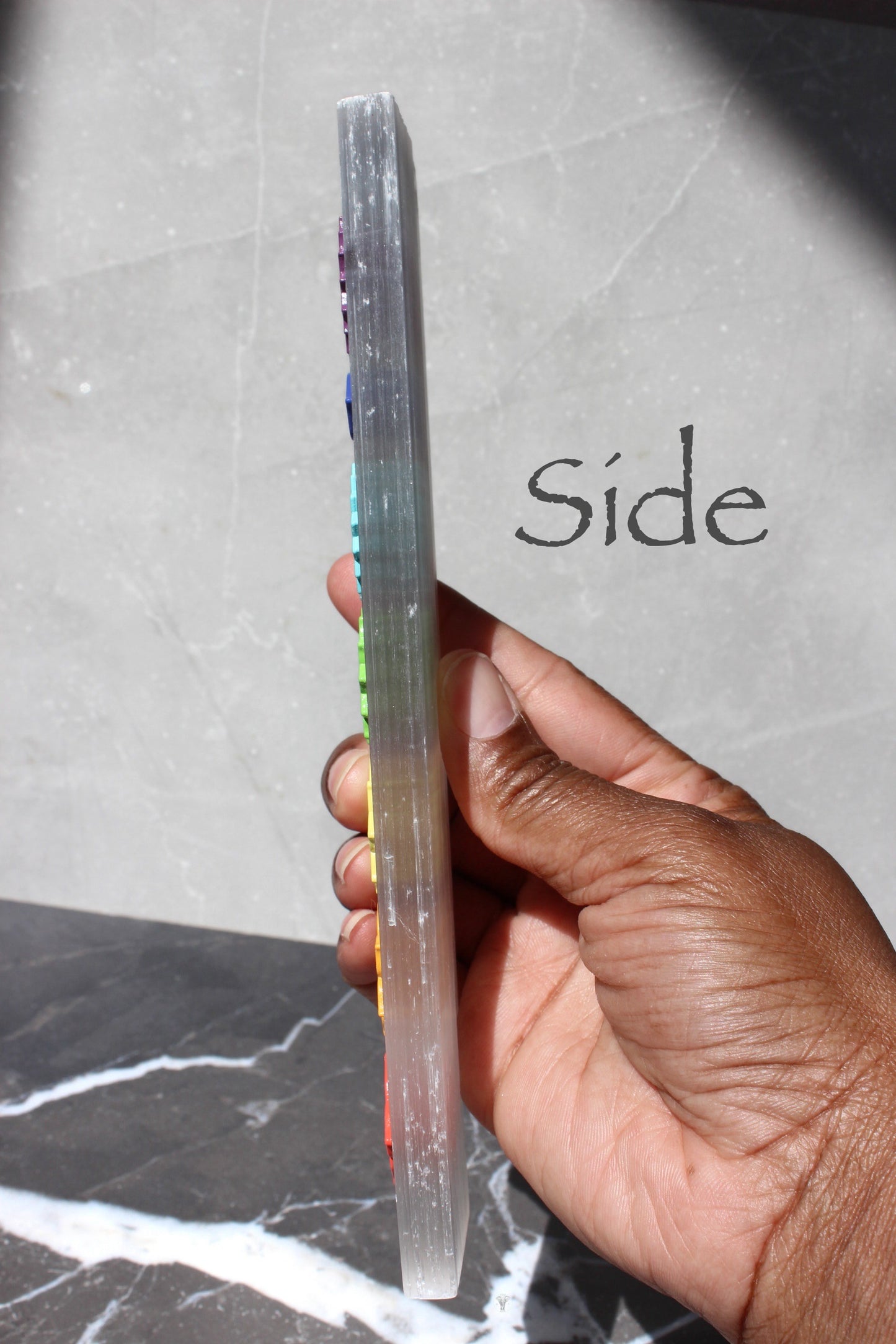 7 Chakra Satin Spar Charging Plate | 8 inch Selenite Wand with Embossed Chakra Symbols | Satin Spar Log | Tons of Soul