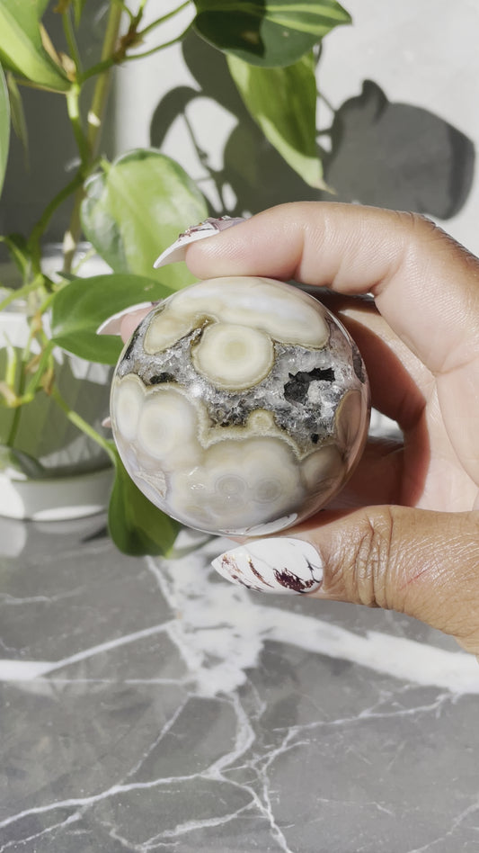Beautiful High Grade Druzy Ocean Jasper Sphere | Crystal Ball | Tons of Soul Crystals