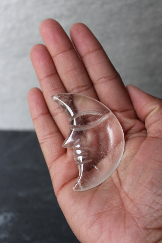 Tranquil Face Clear Quartz Crescent Moon | Crystal Carving | Tons of Soul