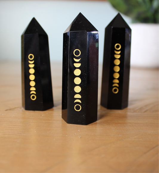 Black Obsidian Point with Engraved Moon Phase * Restock