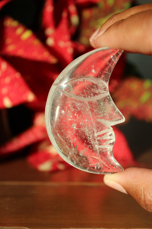 Tranquil Face Clear Quartz Crescent Moon | Crystal Carving | Tons of Soul