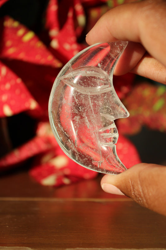 Tranquil Face Clear Quartz Crescent Moon | Crystal Carving | Tons of Soul