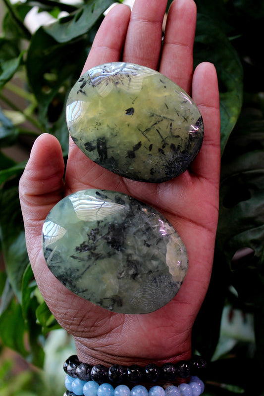 Prehnite and Epidote Palmstone | Crystal Palmstone | Tons of Soul