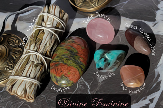the Divine feminine crystal set | yerba santa smudge, rose quartz tumble, unakite palmstone, shiva lingam, peach moonstone, amazonite
