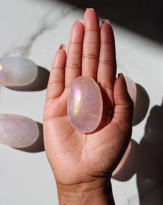 Angel Aura Rose Quartz Palmstone | Rose Quartz Crystal | Tons of Soul
