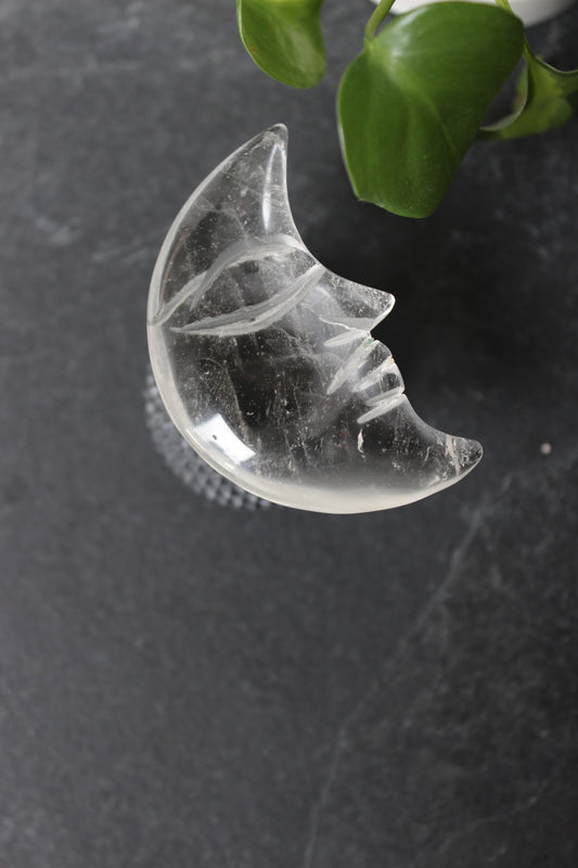 Tranquil Face Clear Quartz Crescent Moon | Crystal Carving | Tons of Soul