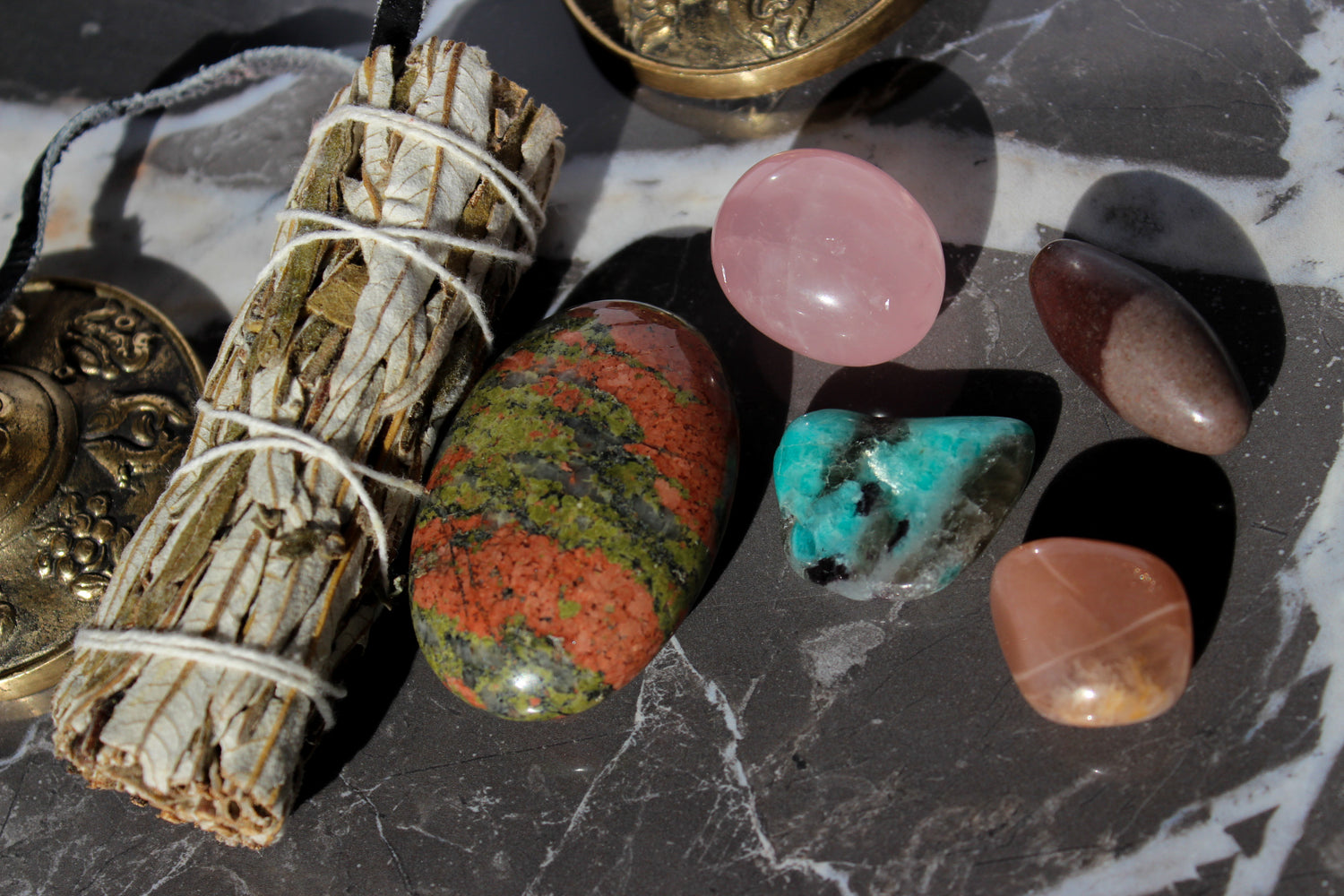 the Divine feminine crystal set | yerba santa smudge, rose quartz tumble, unakite palmstone, shiva lingam, peach moonstone, amazonite