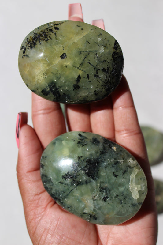 Prehnite and Epidote Palmstone | Crystal Palmstone | Tons of Soul
