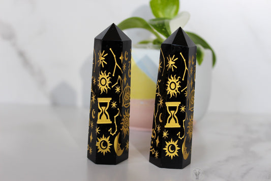 “Ethereal” Etched Black Obsidian Point | Crystal Tower | Tons of Soul