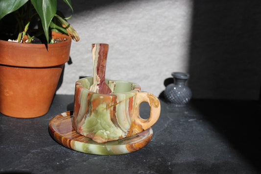 Green Onyx Heart Shapes Cup, Saucer, and Spoon Set | Heart Mug Set | Crystal Cup Set | Onyx Tea Set | Crystal Coffee Cup | Marble Tea Set | Tons of Soul